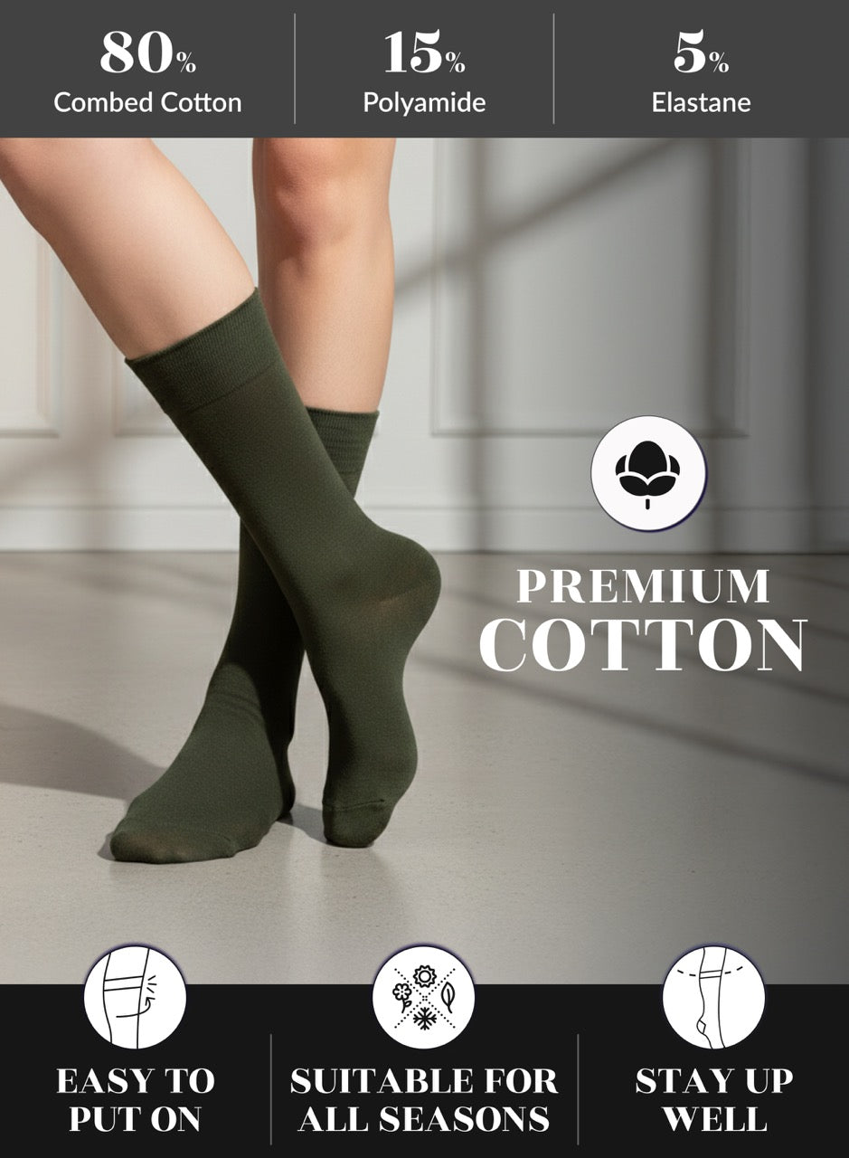 Army Green socks worn by a person with text on material composition and features.