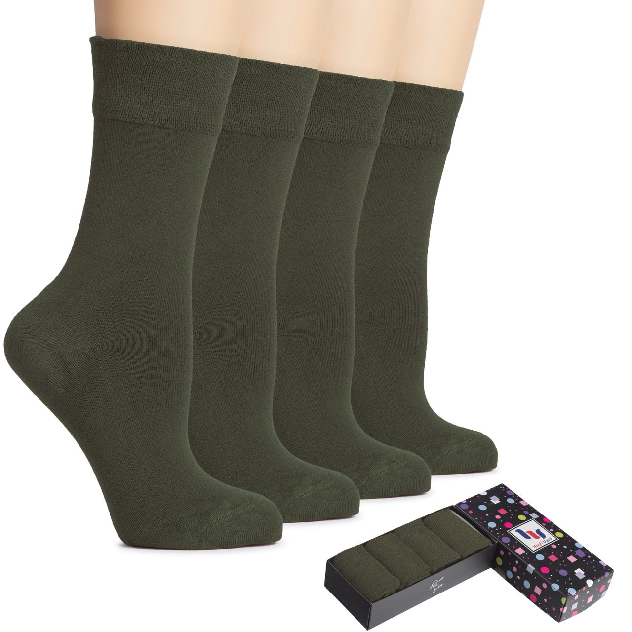 Four pairs of army green socks with a packaging box on a white background
