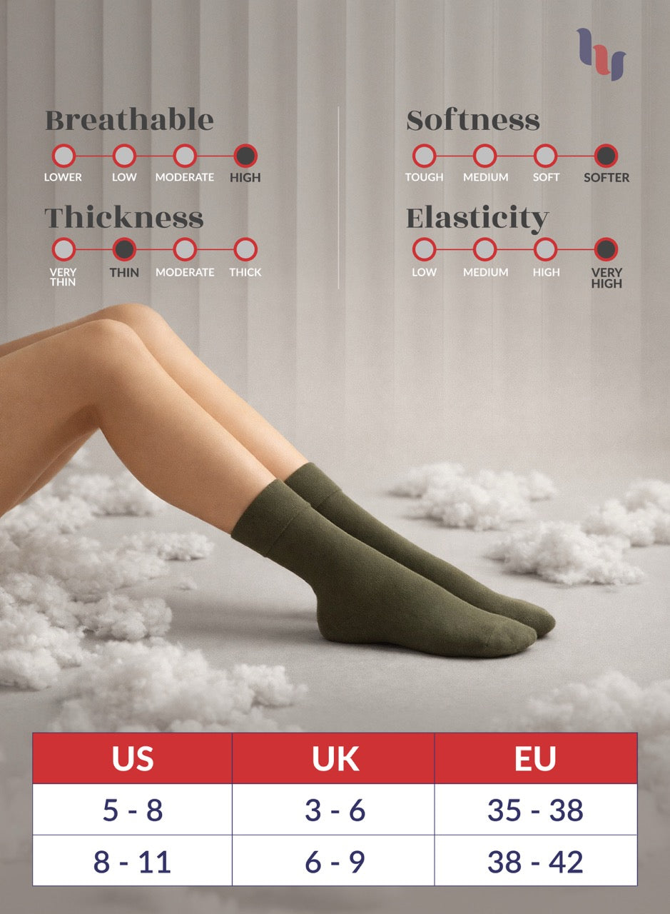 Army Green socks being worn with a chart on a bed of cotton, showing features like breathability, softness, thickness, and elasticity.