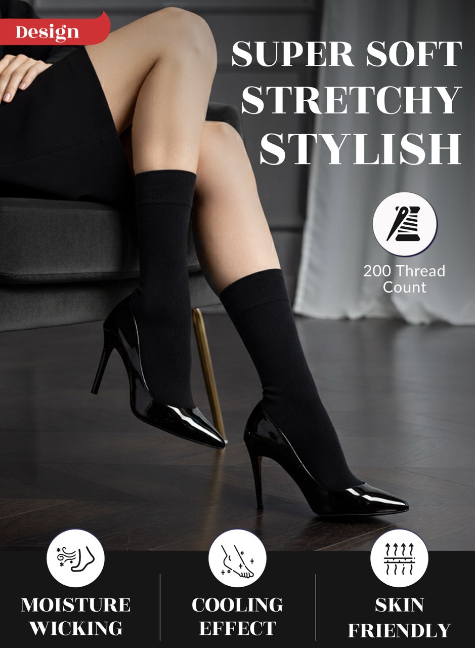Black crew socks with shoes worn, featuring text on softness, stretchiness, and style.