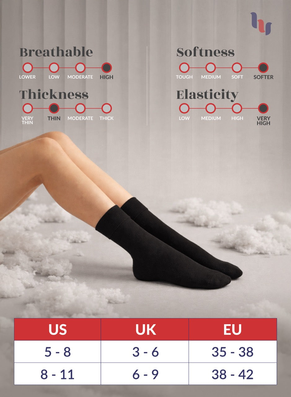 Black socks being worn with a chart showing sock properties like breathability, softness, thickness, and elasticity.