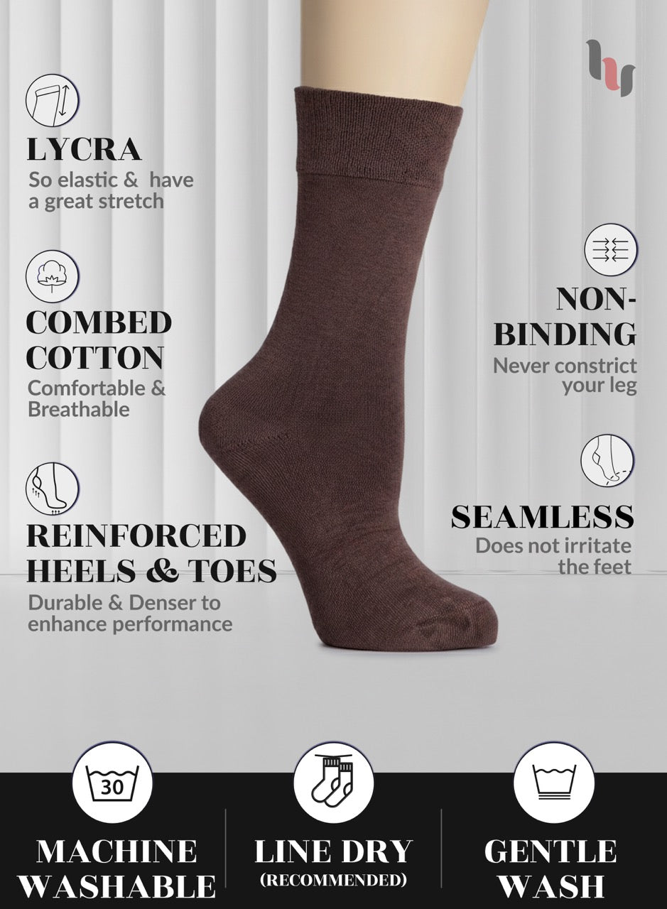 Brown sock with text highlighting features on a gray background