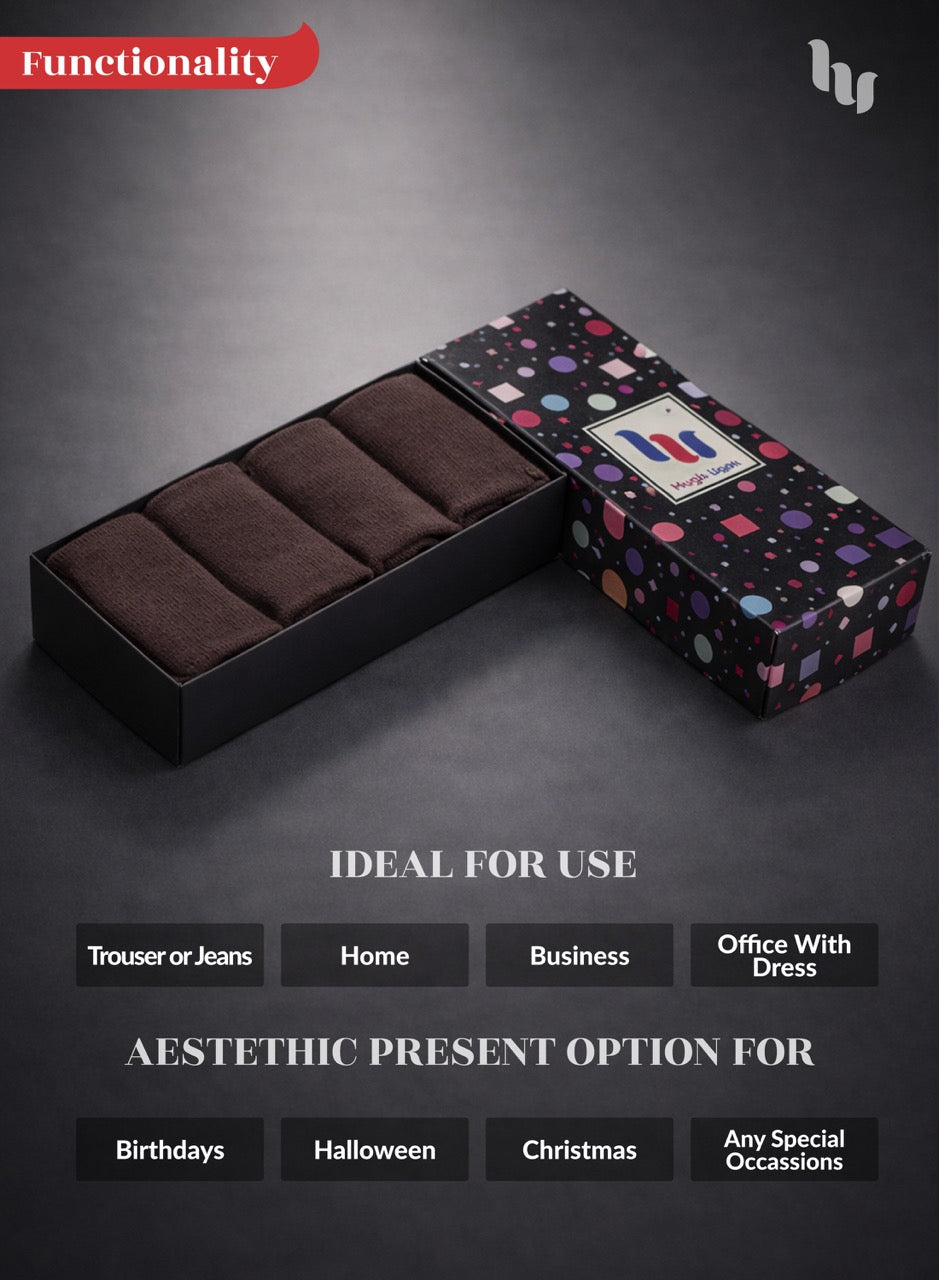 Polka dot box with brown socks on a dark gray background