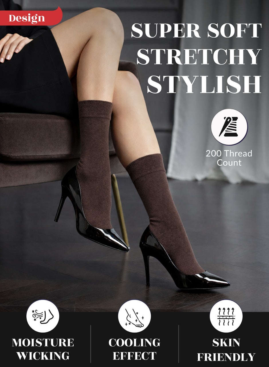 Woman wearing brown crew socks with text highlighting features on a dark background