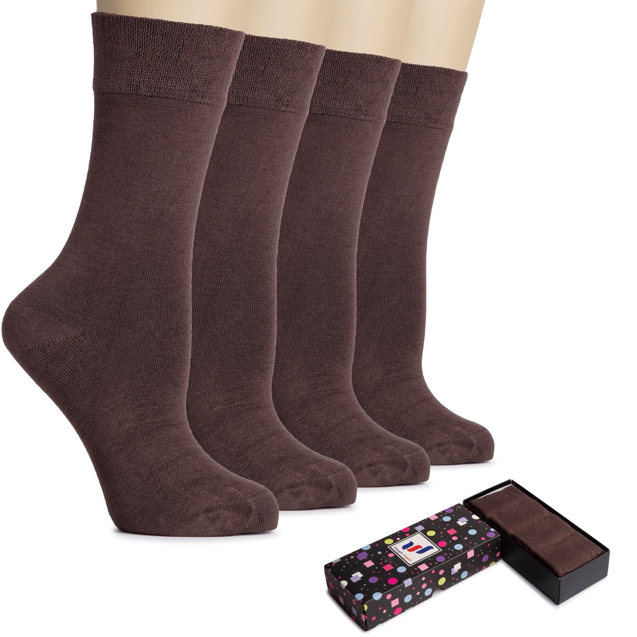 Set of brown socks with a decorative box on a white background