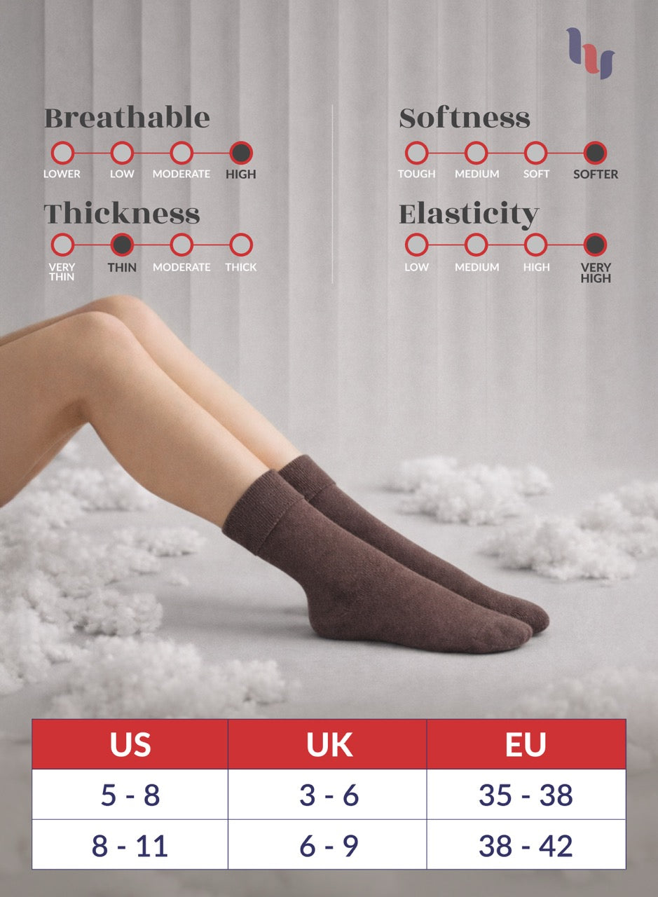 Brown socks being worn with a chart showing sock properties like breathability, softness, thickness, and elasticity, and a size chart in US, UK, and EU.