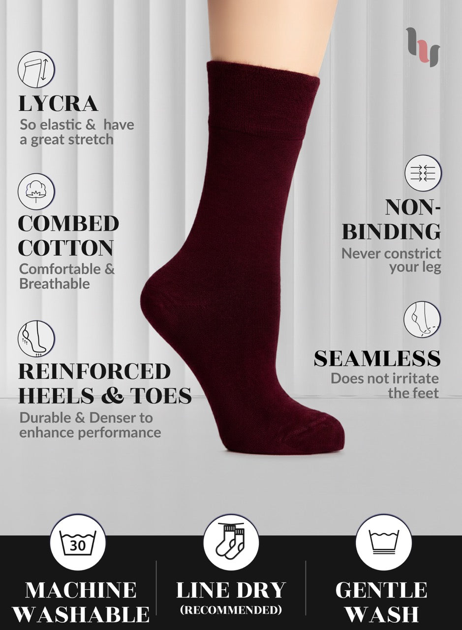 Burgundy sock with features listed on a gray background