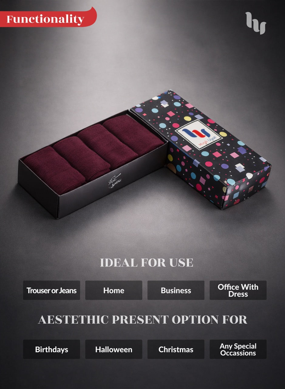 Burgundy socks in a patterned box on a dark background with text about functionality and uses.