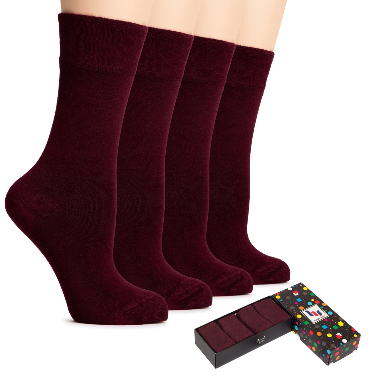Set of burgundy socks with a decorative box on a white background