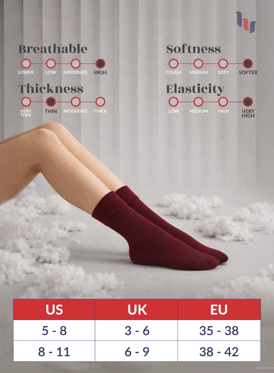 burgundy socks being worn with a measurement chart for size, breathability, softness, thickness, and elasticity.