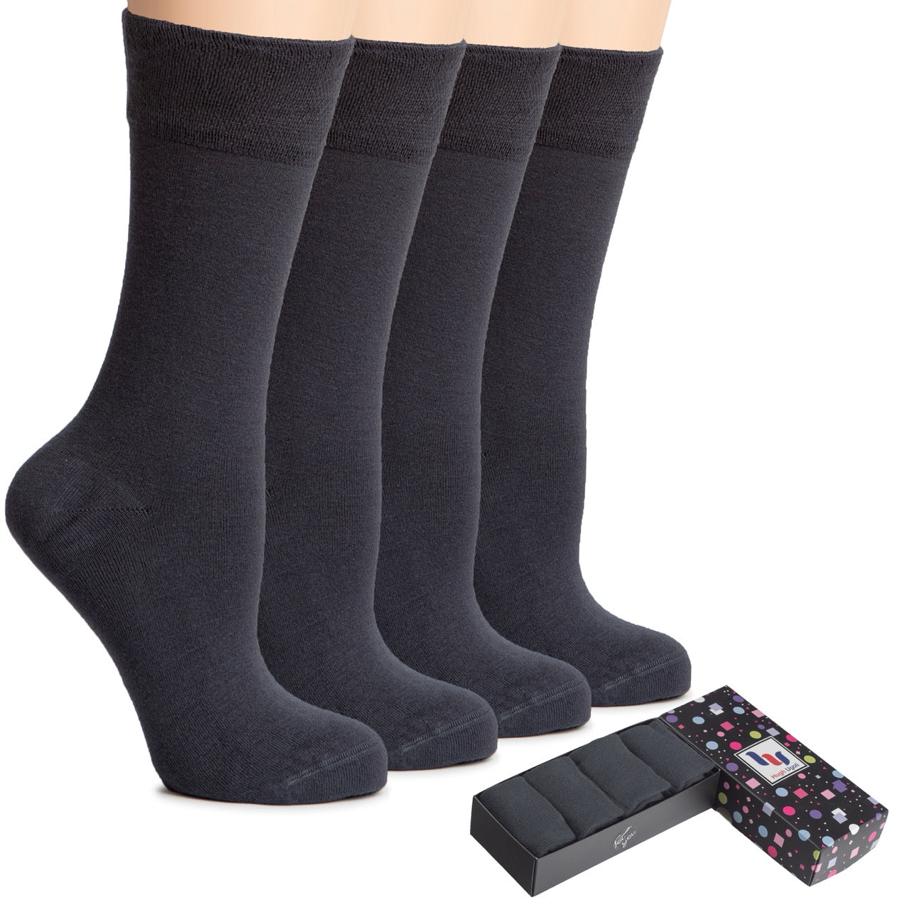 Four pairs of charcoal grey socks with a black box and patterned pouch on a white background