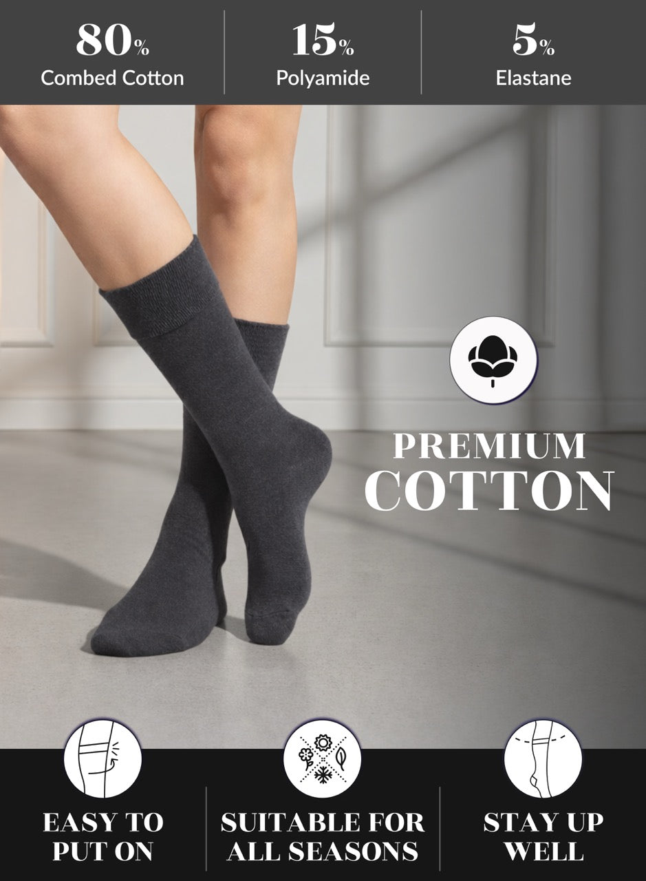 Charcoal gray socks being worn with product information about material composition and features.