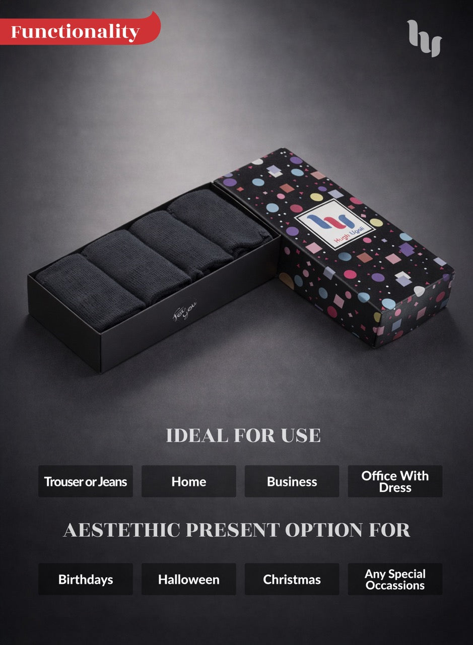 Charcoal gray socks set in a patterned box on a dark background with text about use cases and occasions.