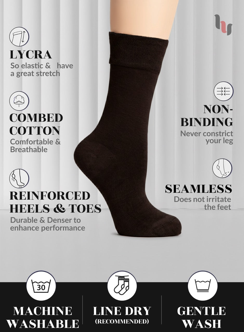 Dark brown sock with features listed on a gray background