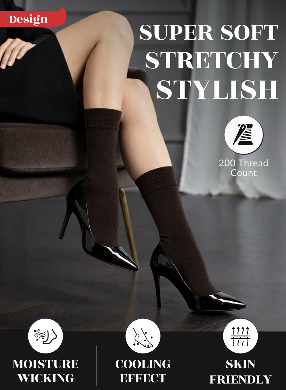 Woman wearing Dark brown socks, high-heeled shoes with text highlighting features like 'Super Soft', 'Stretchy', 'Stylish', 'Moisture Wicking', 'Cooling Effect', and 'Skin Friendly'.