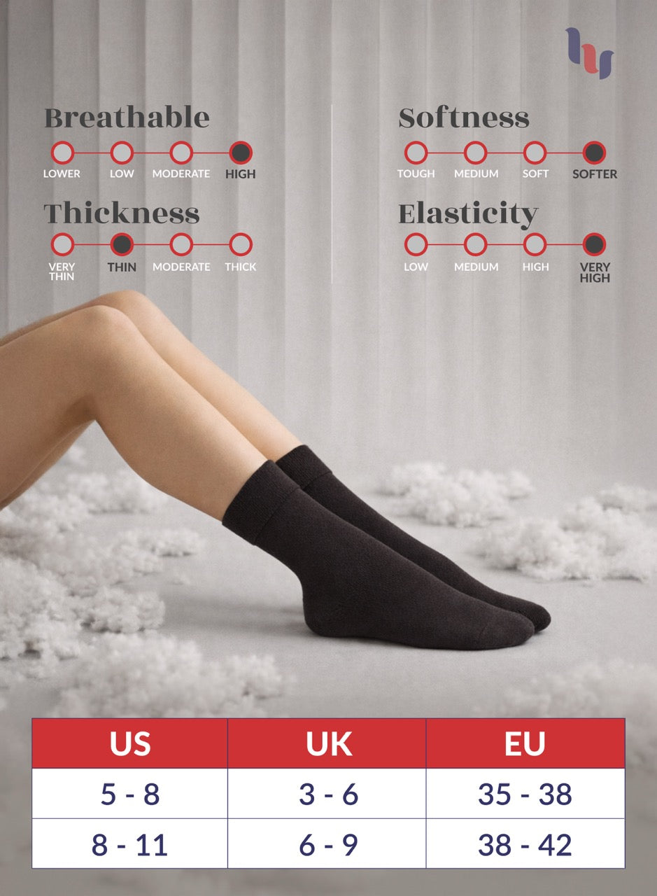 Dark brown socks with a measurement chart for size, breathability, thickness, softness, and elasticity.