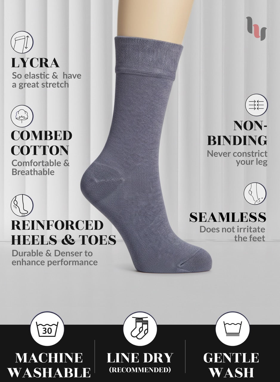 Gray sock with features listed on a white background