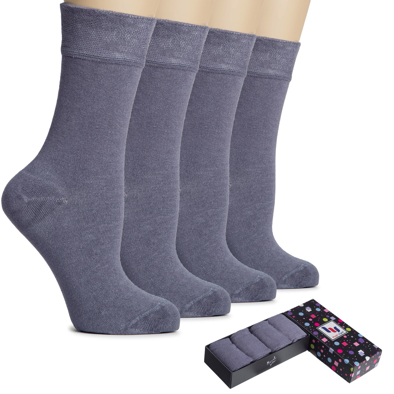 Set of gray socks with a black box featuring a colorful logo on a white background