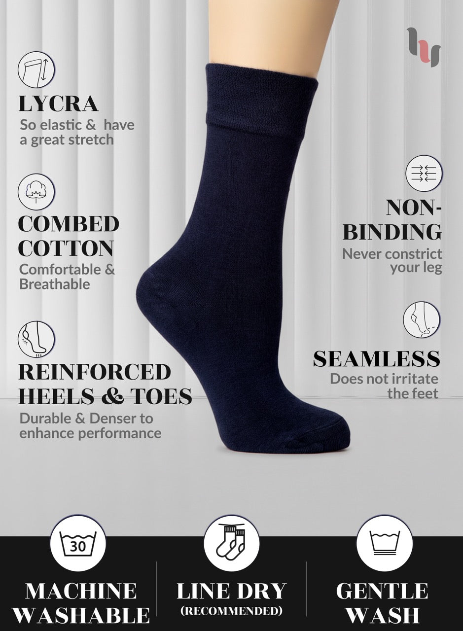 Navy blue sock with text highlighting features on a gray background