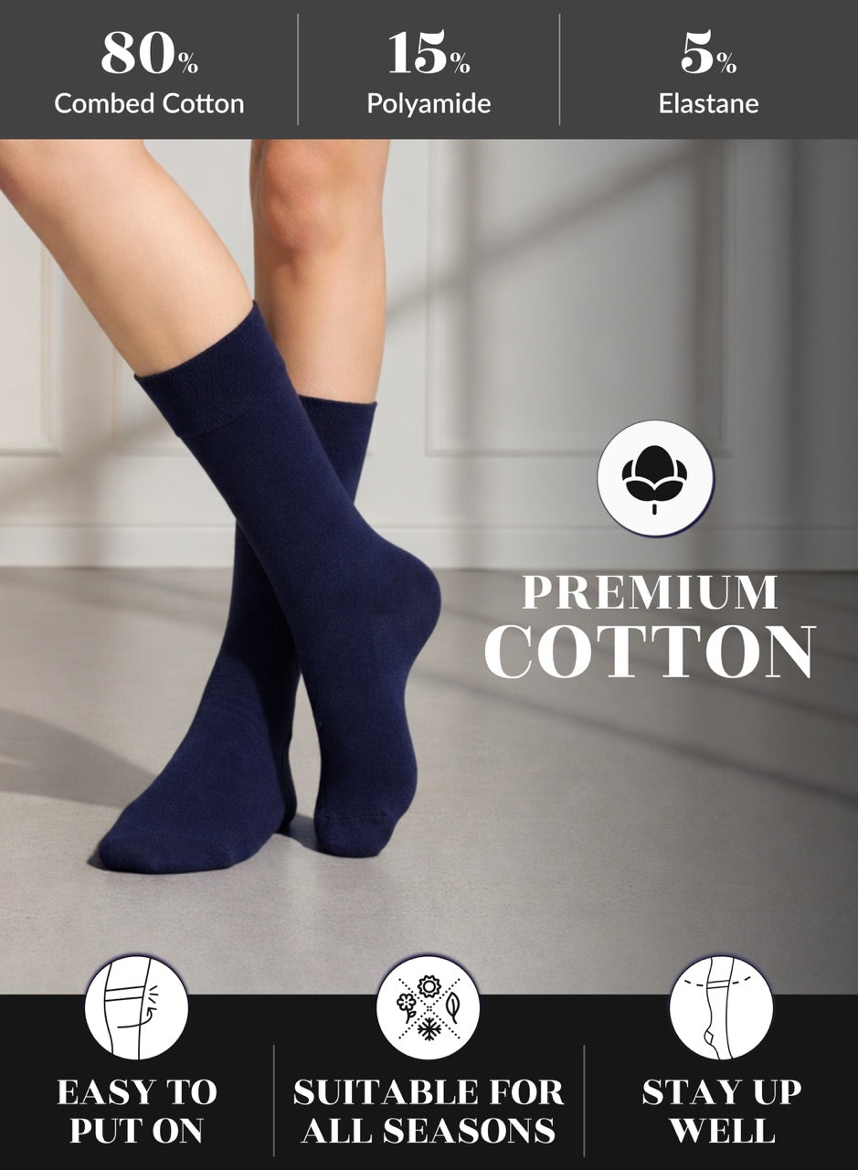 Navy blue socks being worn with a gray background and text about sock composition and features.