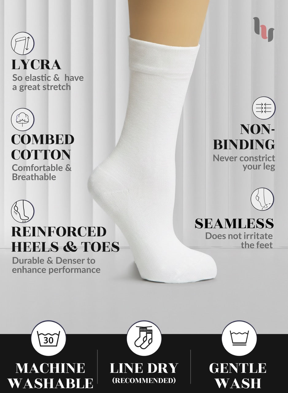 White socks with text highlighting features on a gray background