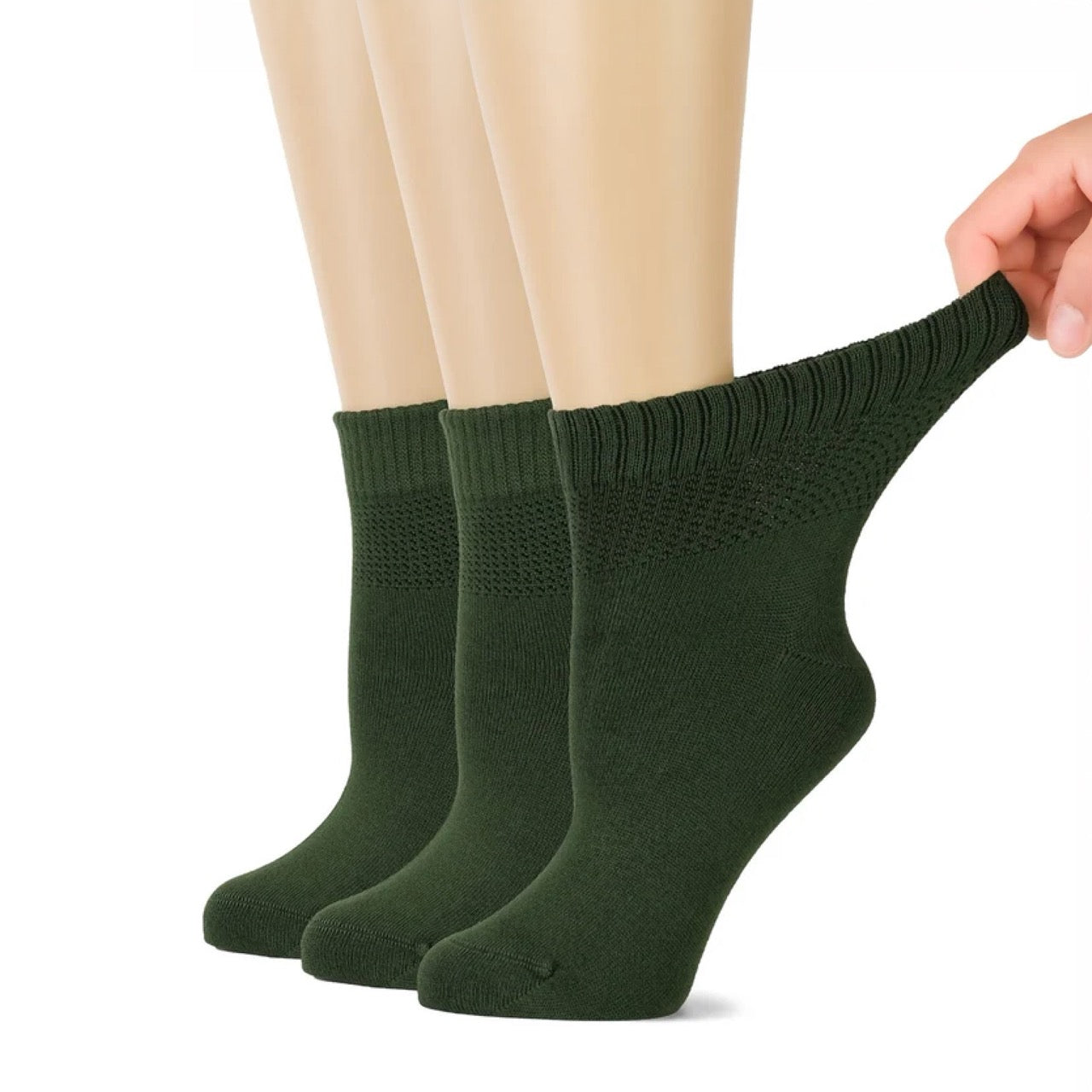 Hugh Ugoli Women's Comfortable Diabetic Bamboo Ankle Socks for Swollen Legs, 3 Pairs in Army Green