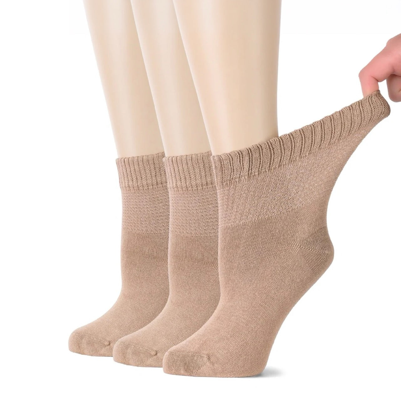 Hugh Ugoli Women's Comfortable Diabetic Bamboo Ankle Socks for Swollen Legs, 3 Pairs in Beige
