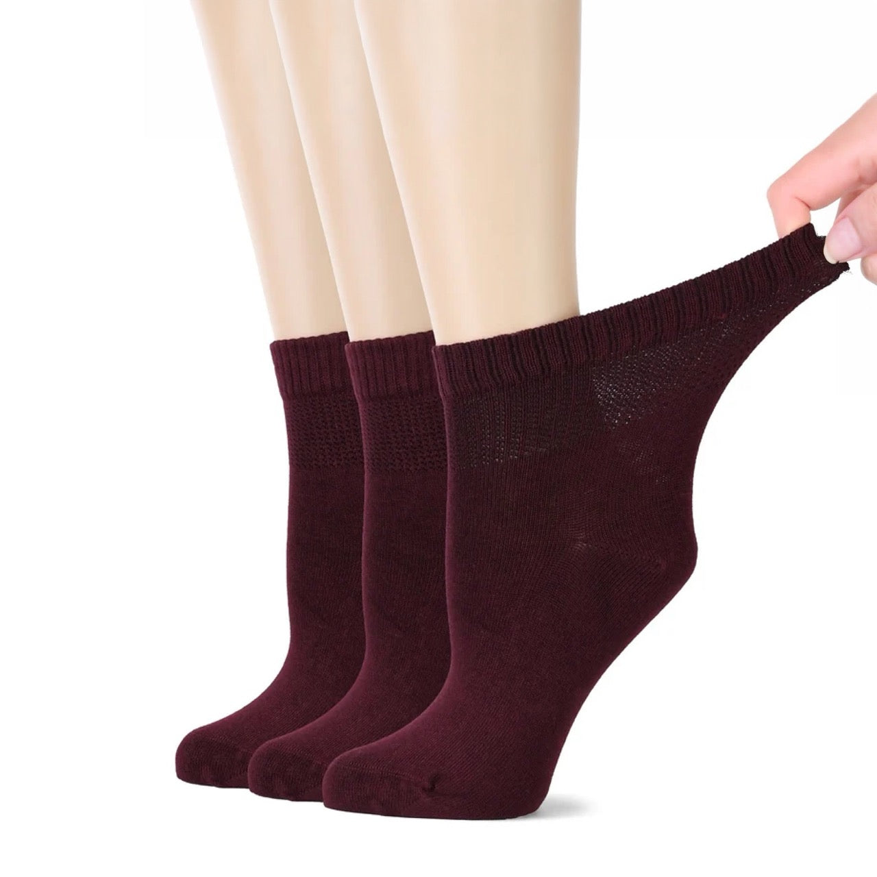 Hugh Ugoli Women's Comfortable Diabetic Bamboo Ankle Socks for Swollen Legs, 3 Pairs in Burgundy