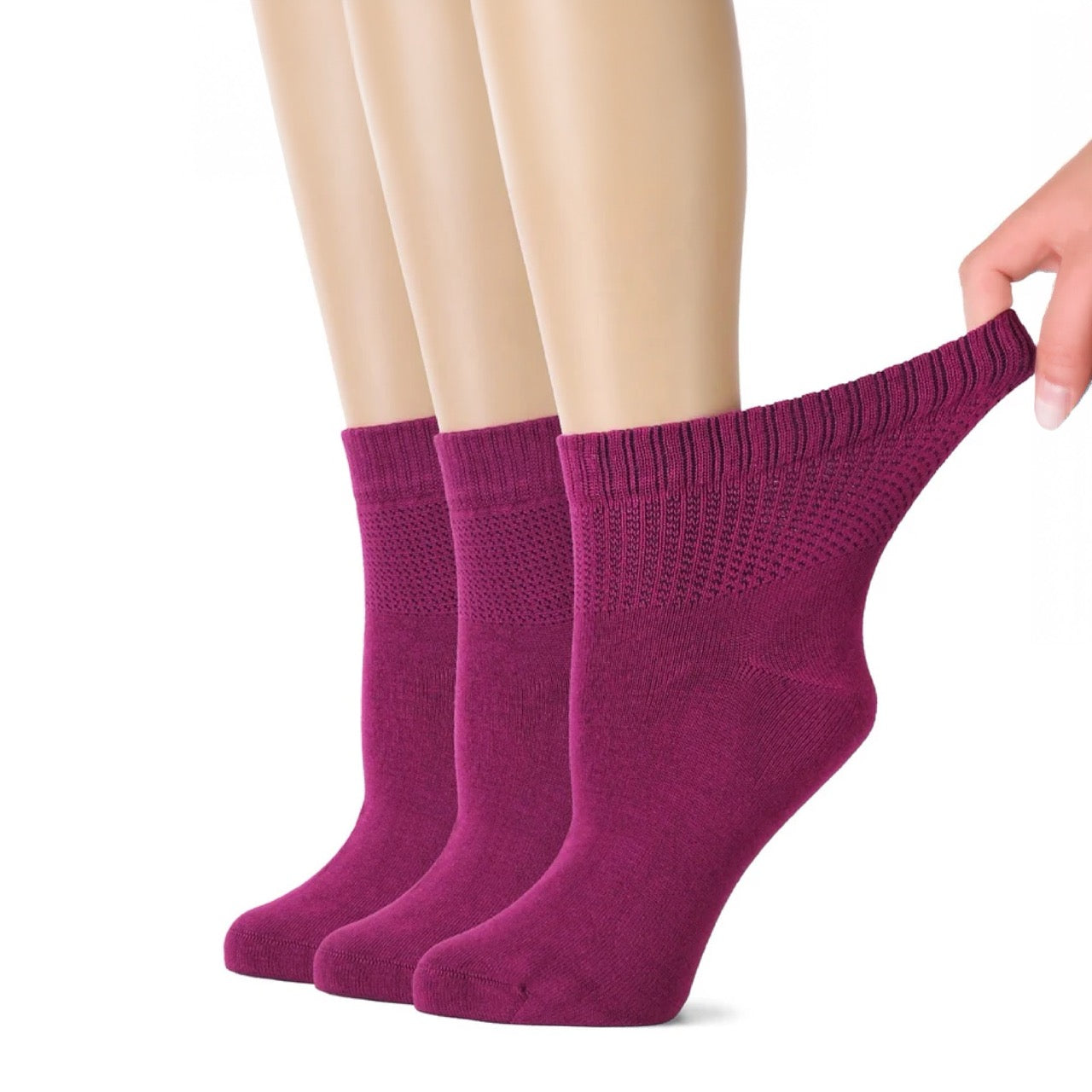 Hugh Ugoli Women's Comfortable Diabetic Bamboo Ankle Socks for Swollen Legs, 3 Pairs in Fuchsia