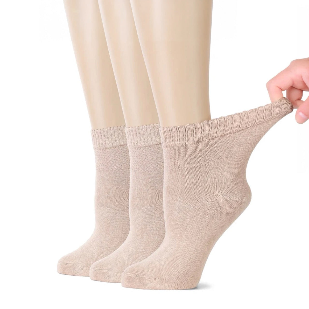 Hugh Ugoli Women's Comfortable Diabetic Bamboo Ankle Socks for Swollen Legs, 3 Pairs in Light Beige