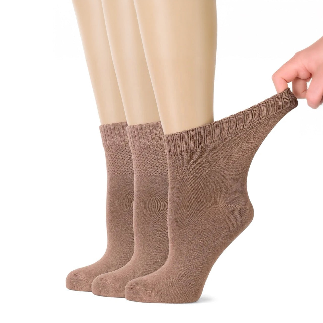 Hugh Ugoli Women's Comfortable Diabetic Bamboo Ankle Socks for Swollen Legs, 3 Pairs in Milk Coffee