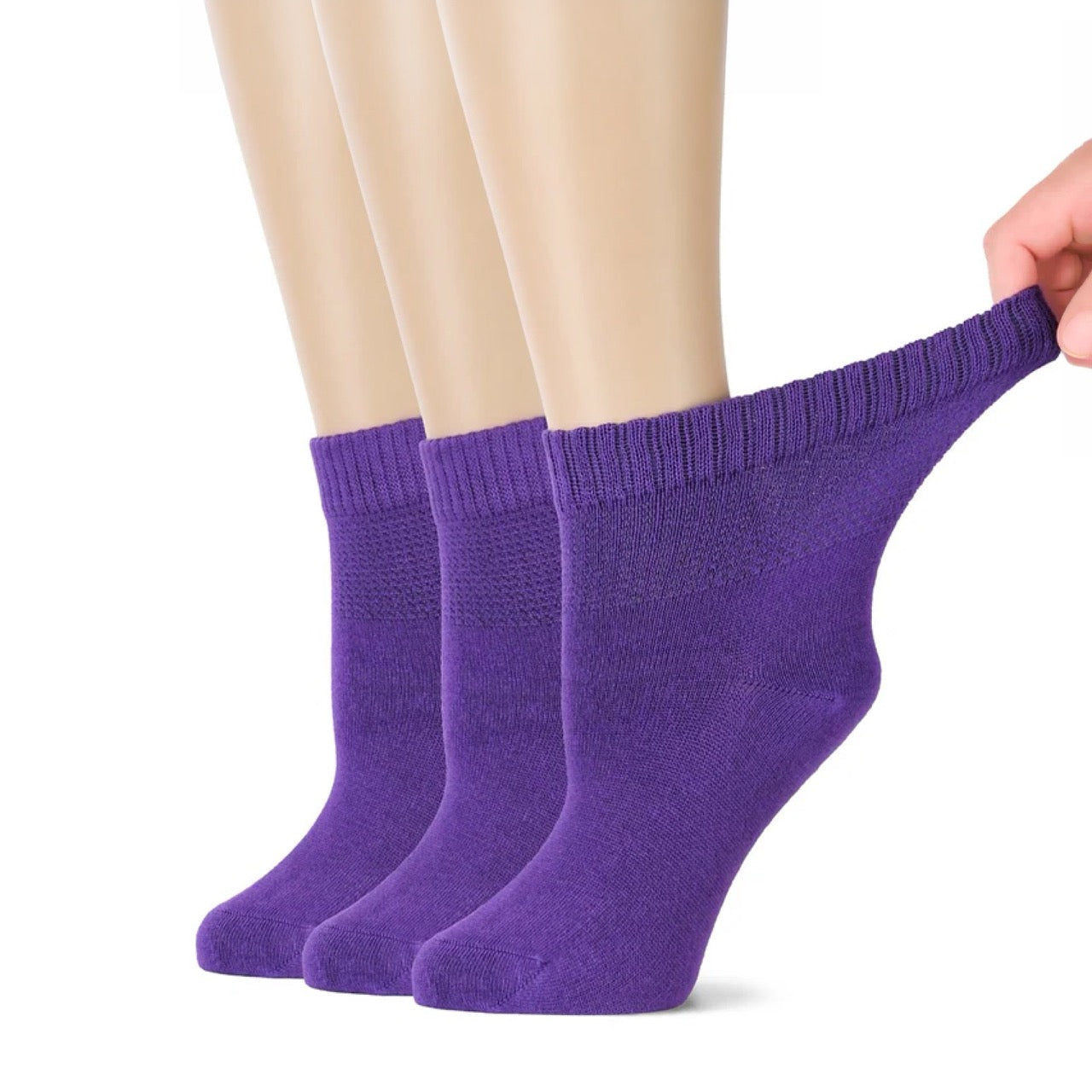 Hugh Ugoli Women's Comfortable Diabetic Bamboo Ankle Socks for Swollen Legs, 3 Pairs in Purple