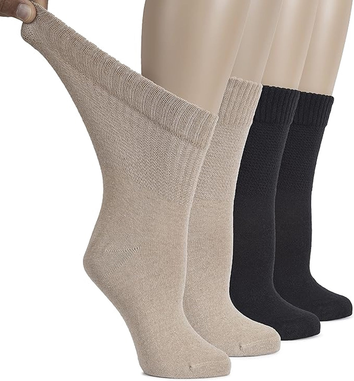 Beige and black socks displayed on a mannequin leg against a white background