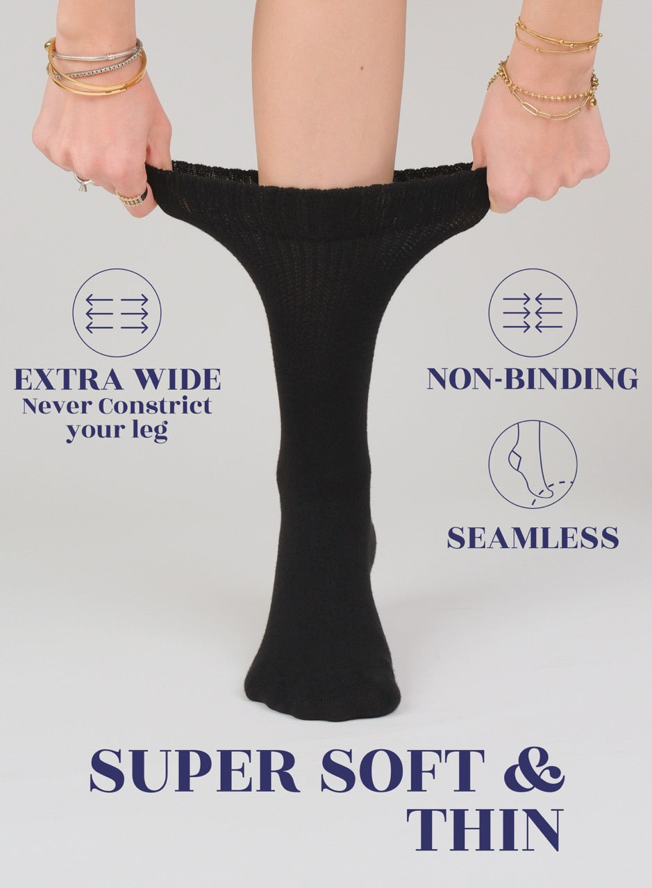 Black tights held up by a person on a light gray background with text highlighting features.