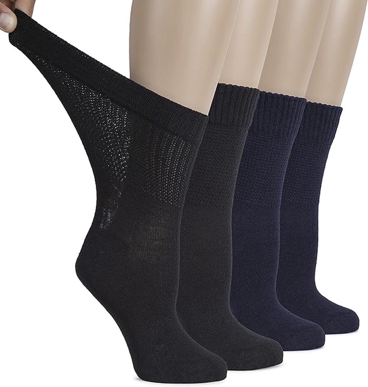 Set of black and navy socks displayed on a mannequin leg against a white background.