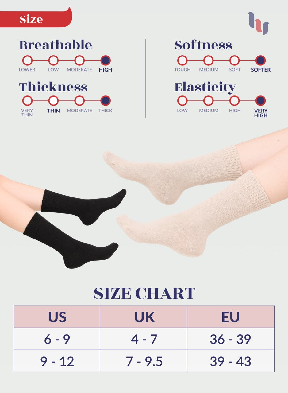 Socks with size chart showing breathable, softness, thickness, and elasticity ratings.