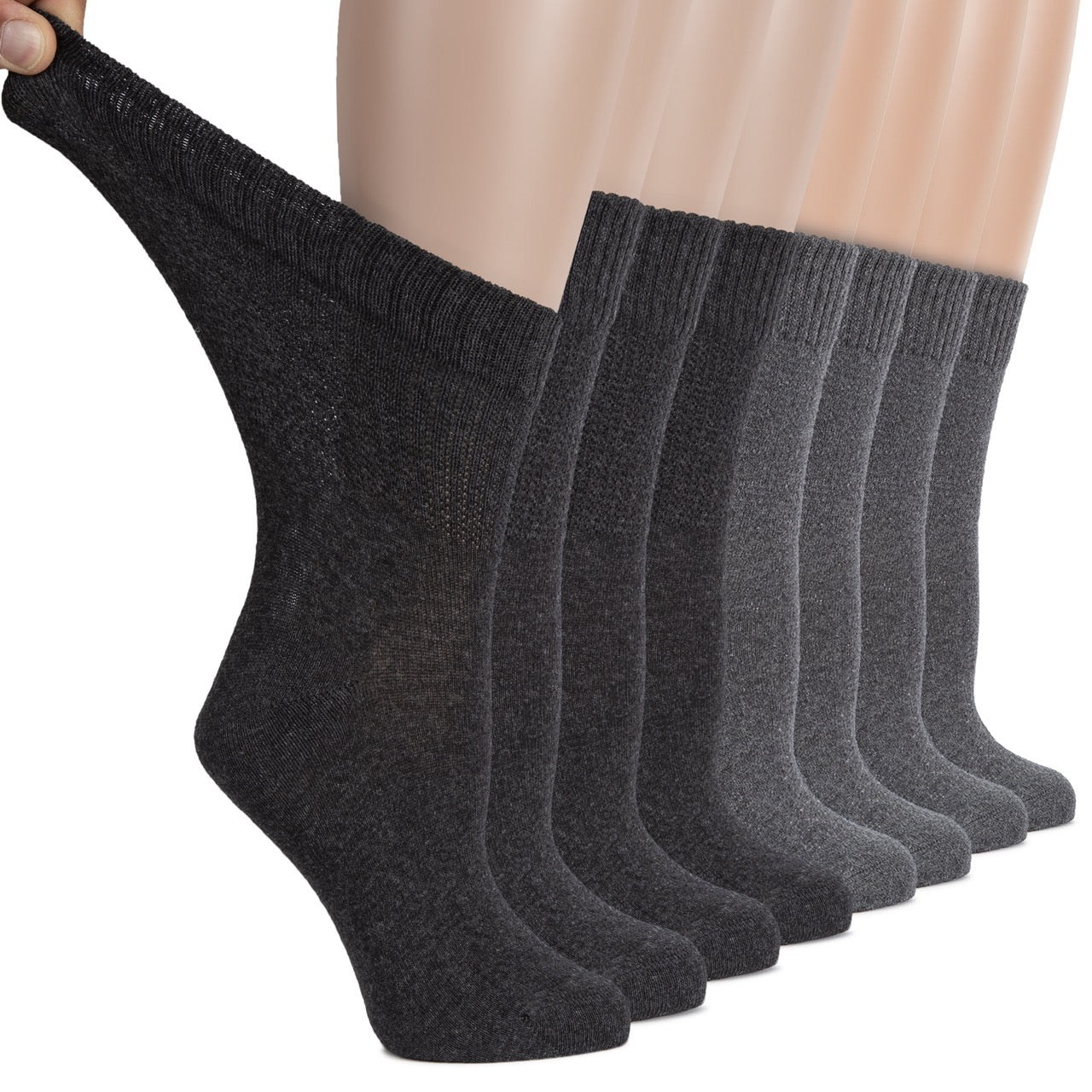 Set of six dark gray socks displayed on a white background