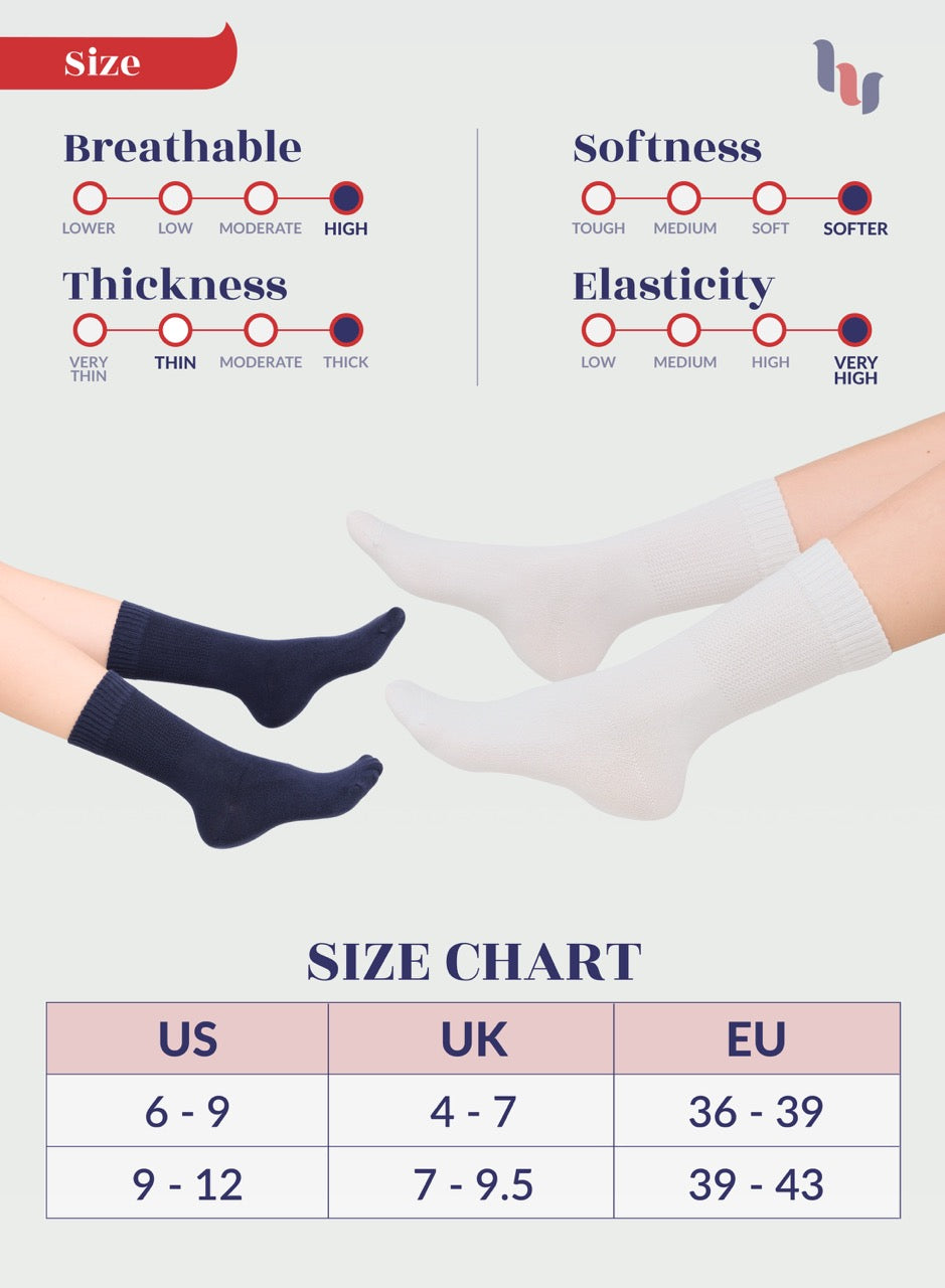 Comparison of breathable, thickness, softness, and elasticity of dark blue and white socks with a size chart below.