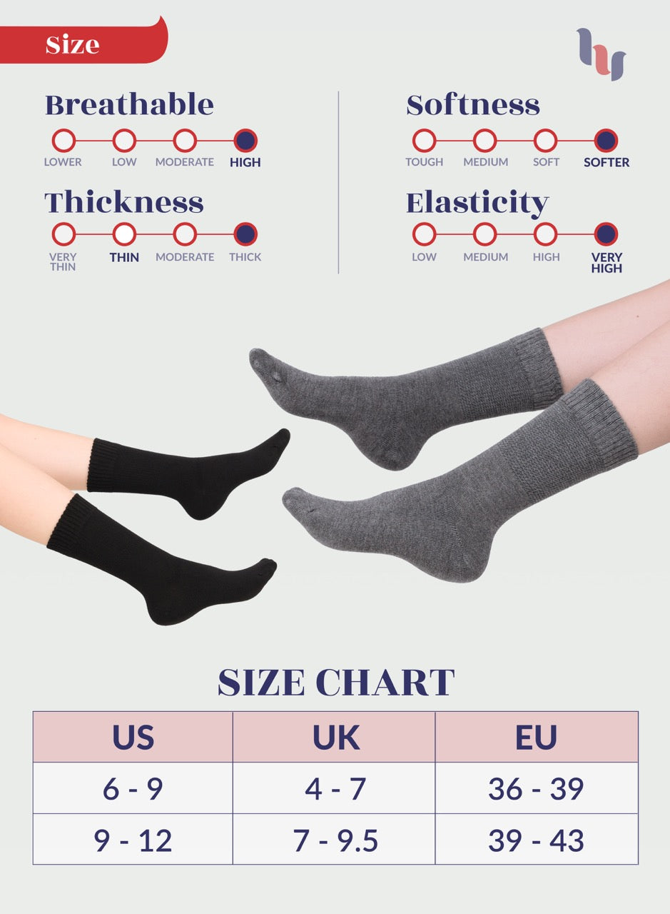 Gray and black socks with size chart and feature ratings on a light gray background