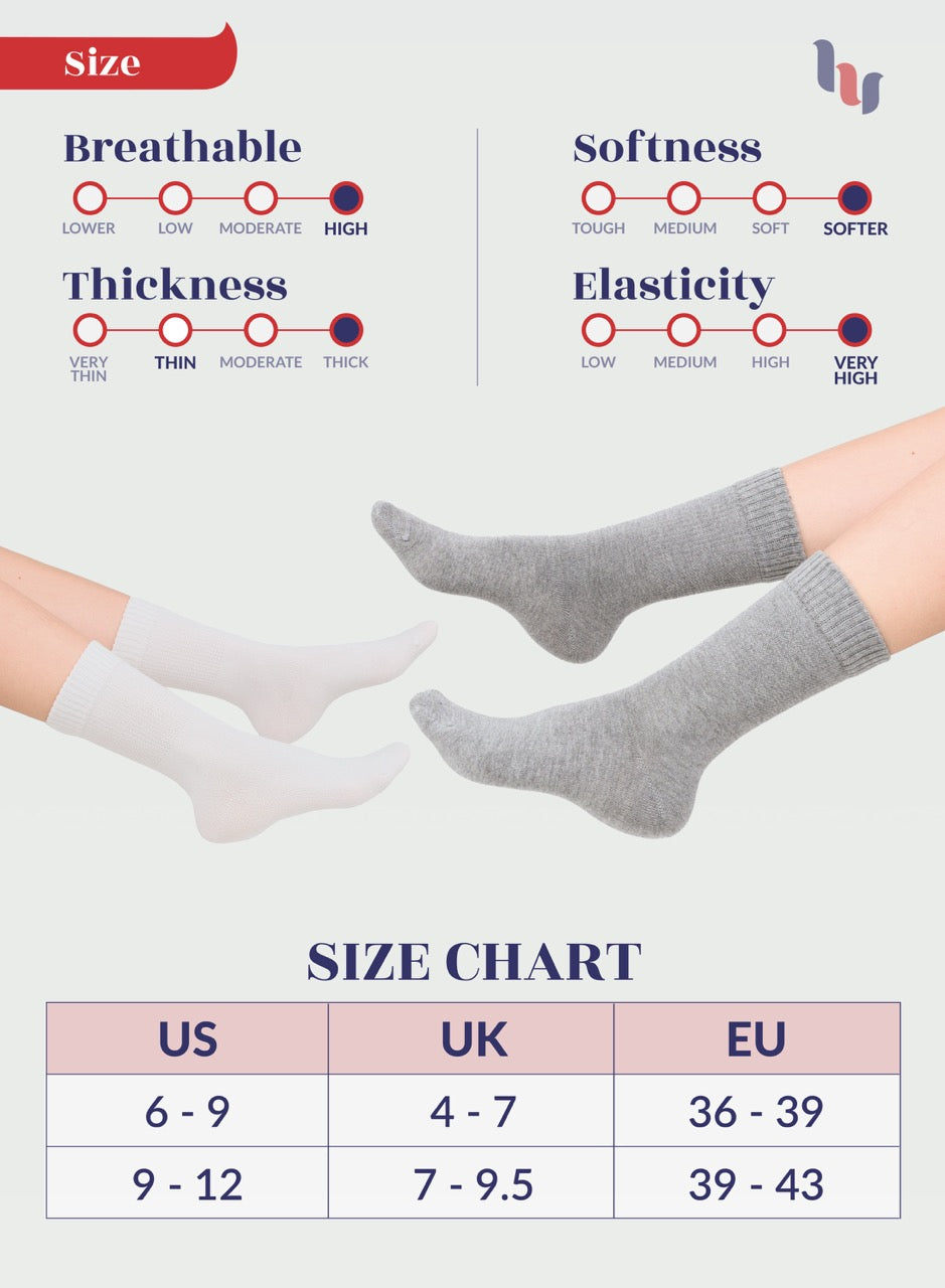 Gray socks being worn with size chart and feature ratings on a light gray background