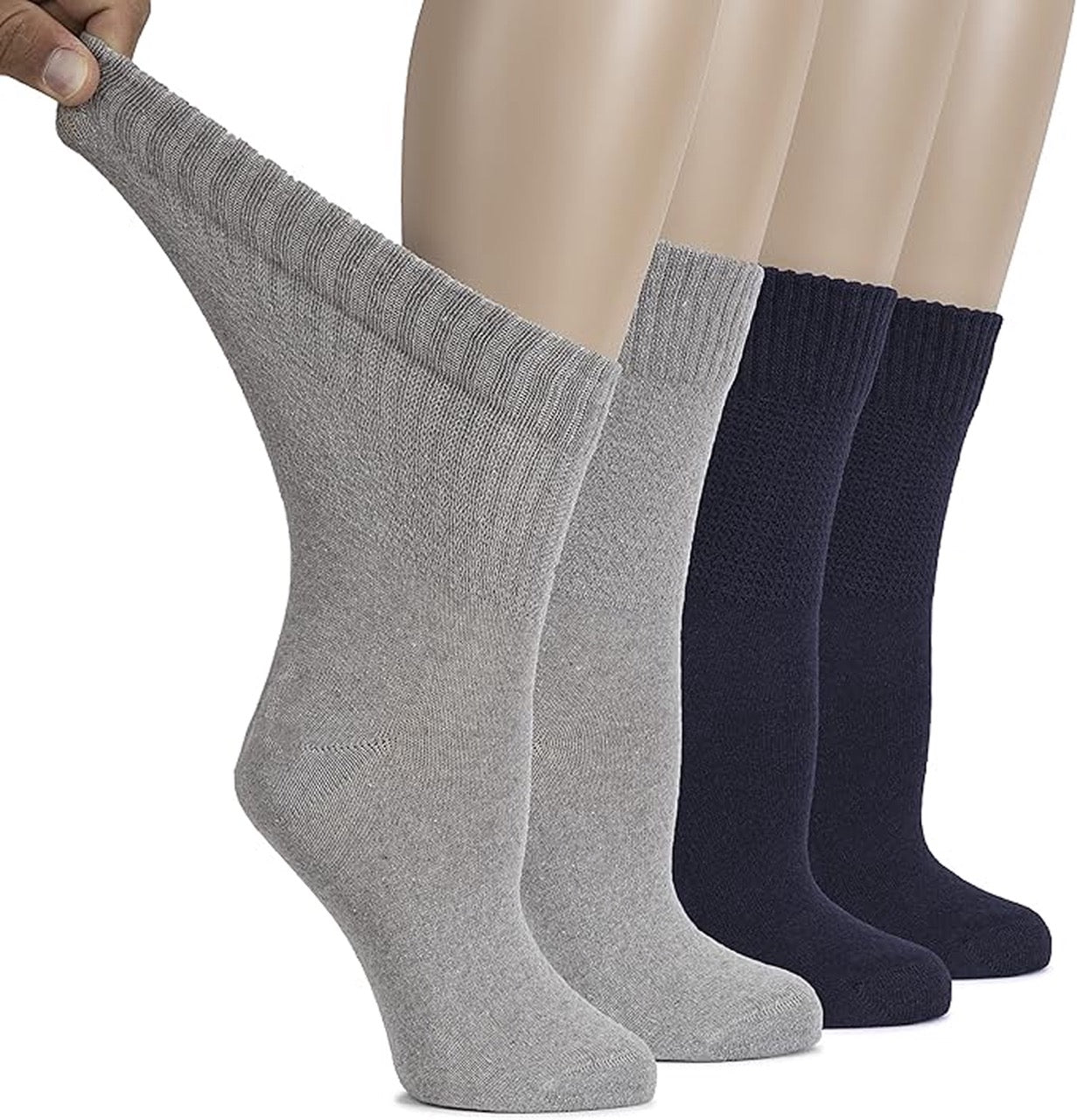 Gray and navy socks displayed on a mannequin with a white background