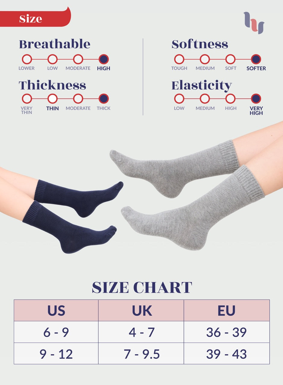 Gray and navy socks with size chart and feature ratings on a light gray background