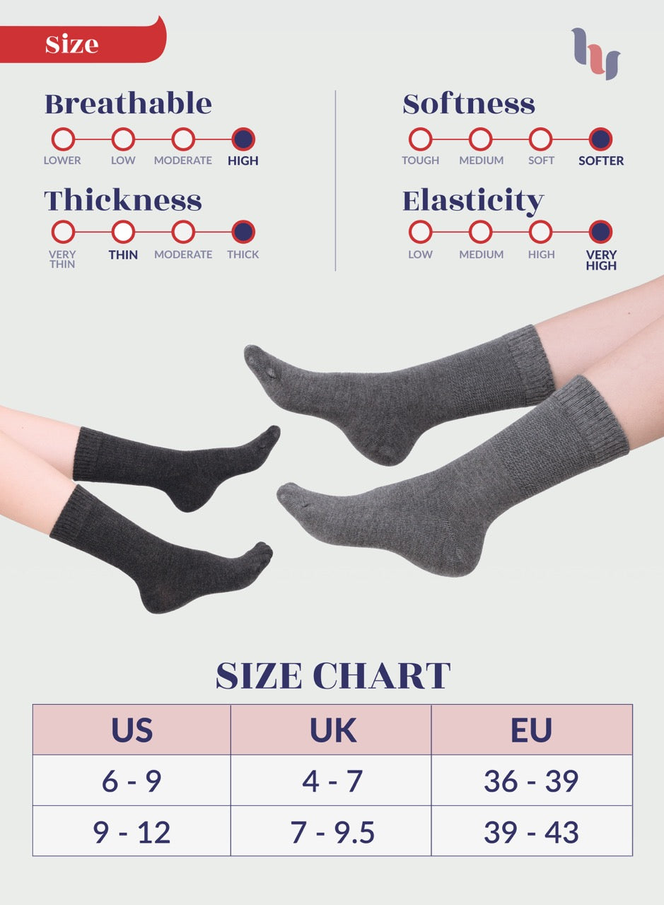 Gray socks with size chart and feature indicators on a light gray background