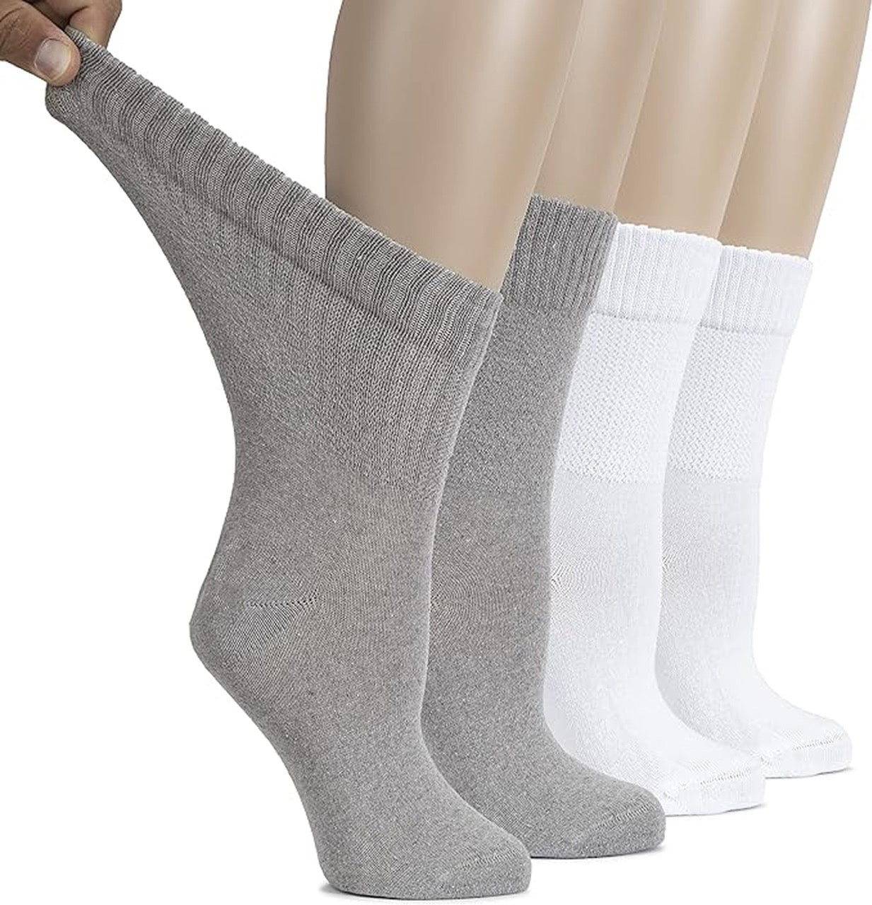 Gray and white socks displayed on mannequin feet against a white background