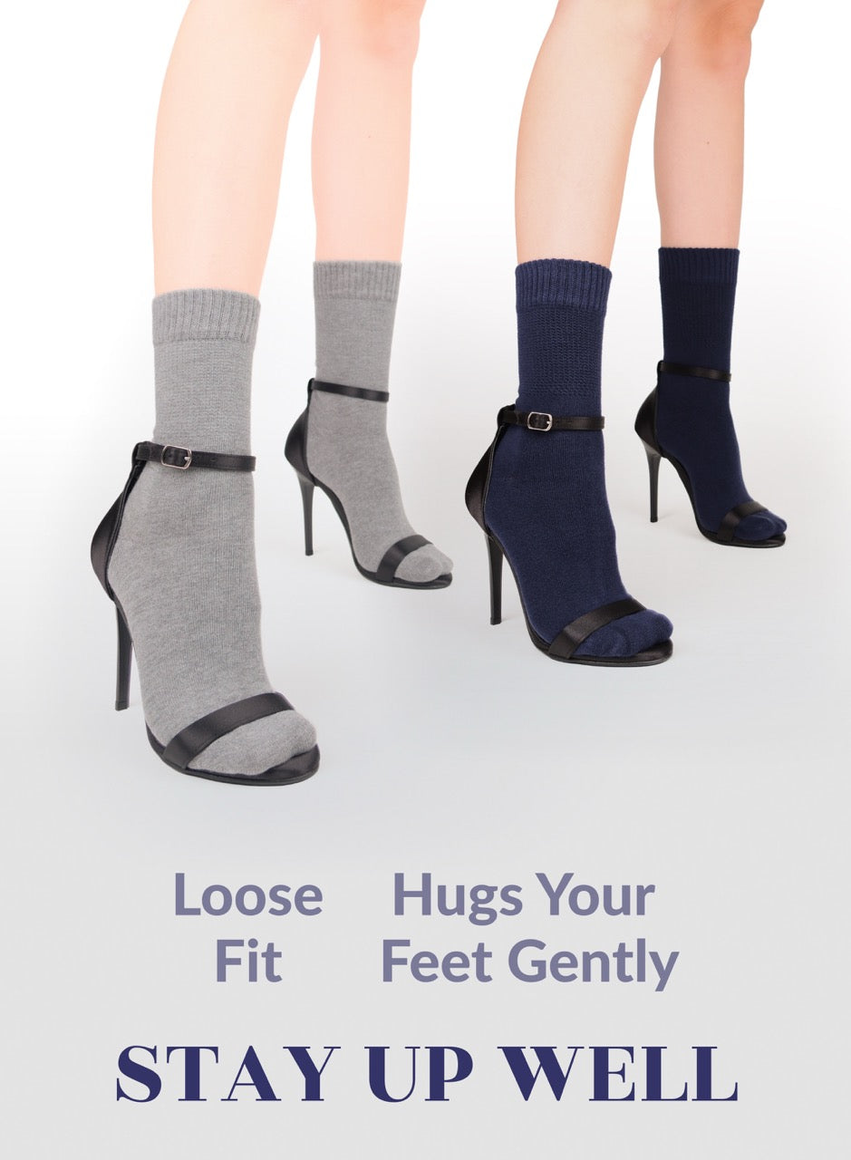 Two pairs of socks with high-heeled shoes on a white background, featuring text about sock fit.