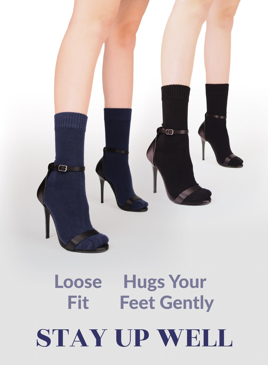 High-heeled shoes with socks and text on a white background