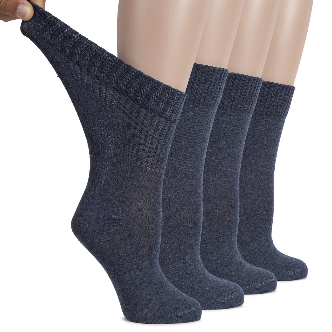 Set of four indigo blue socks on a white background