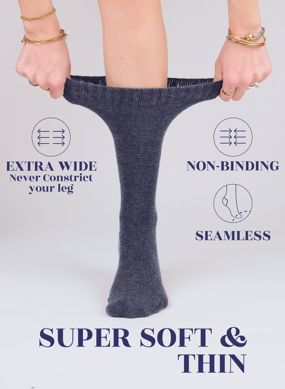 Person wearing a melange gray sock with text highlighting features on a white background