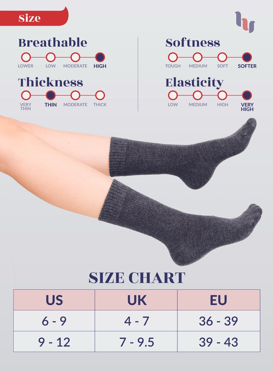 Indigo Blue socks being worn with size chart and feature ratings on a light gray background