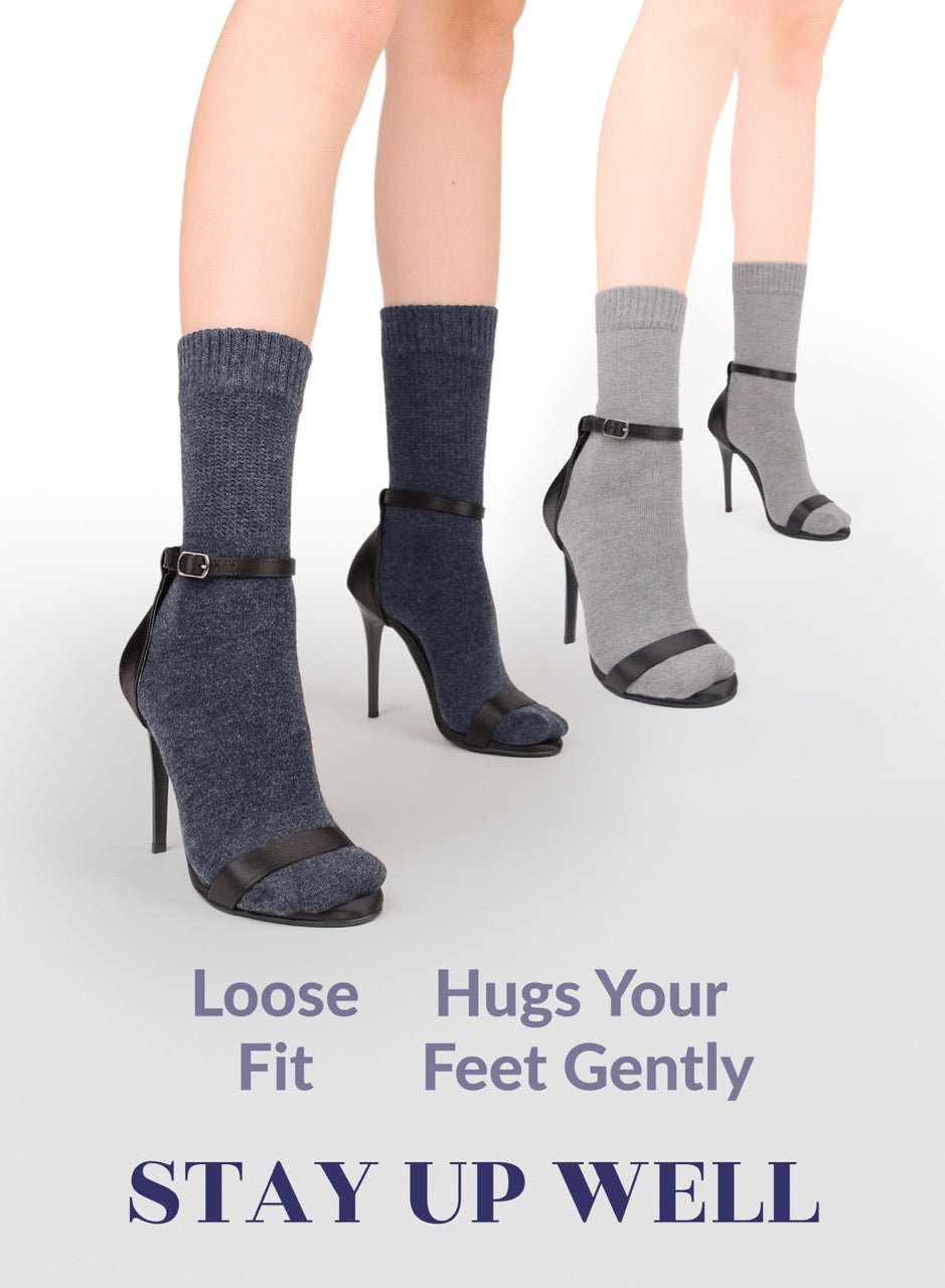 indigo blue and light gray socks with high-heels shoes